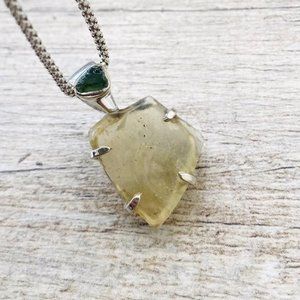 925 Sterling Silver Very Rare Natural Moldavite and Libyan Desert Glass Necklace